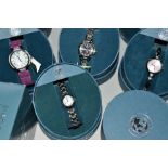 FOUR BOXED LADIES CITIZEN ECO-DRIVE WRIST WATCHES, the first with purple leather strap, circular