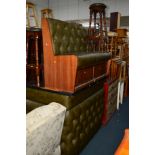 A GREEN BUTTONED LEATHERETTE CORNER DRINKS BAR, width 134cm x depth 90cm x height 108cm, together