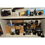 A BOX OF CAMERAS AND ACCESSORIES, including a boxed Nikon F55D, a boxed 28-80mm f3.3 lens, an
