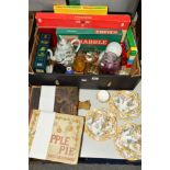 A BOX AND LOOSE CERAMICS, GLASS, GAMES, BOOKS etc, to include Aynsley 'Blossom Tree' part teaset (
