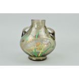 GRAF HARRACH-HARRACHOV (?), twin handled glass vase with applied relief moulded fish, unmarked,