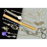 A SELECTION OF JEWELLERY, to include a watch, a mounted gem necklace, a cultured pearl necklace, a