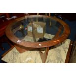 A CIRCULAR G PLAN ASTRO TEAK GLASS TOPPED COFFEE TABLE, diameter 84cm x height 45cm (sd)