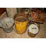 A STEEL FIRE BIN, a galvanised bucket on stand, furnace bucket etc (5)