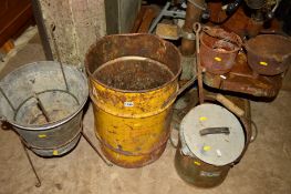 A STEEL FIRE BIN, a galvanised bucket on stand, furnace bucket etc (5)