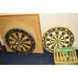 A DARTS BOARD with darts, another darts board and boxed skittles game (3)