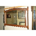 AN OAK BARLEY TWIST BEVELLED EDGE OVERMANTEL MIRROR (sd)