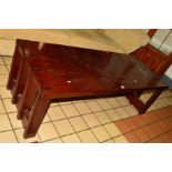 A 1970's/80's hardwood coffee table on slatted base to each end, width 146cm x depth 61cm x height