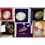 VICTORIAN AND MODERN CAMEO BROOCHES, one in 9ct gold mount, Ruskin pottery buttons, other