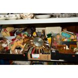 SIX BOXES AND LOOSE SUNDRY ITEMS, to include soft toys, stainless steel cutlery, Matamec '