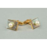 A PAIR OF GEM SET CUFFLINKS, each designed as rectangular mother of pearl panel set with a central