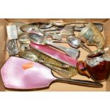 BOX OF SILVER AND PLATE including silver mounted ceramic jug, assorted 19th and 20th century