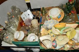 THREE BOXES AND LOOSE CERAMICS AND GLASSWARES, to include wall pockets, bottles, shades etc