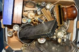 A BOX OF SILVER PLATE AND OTHER METALWARES, etc including cased cutlery, candlesticks, cake