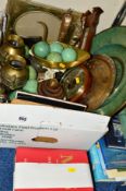 A BOX AND LOOSE SUNDRY ITEMS, to include books, barometer, scales, pair of brass vases etc