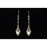 A MODERN PAIR OF DIAMOND, SAPPHIRE AND CULTURED FRESH WATER PEARL DROP EARRINGS, hook wire fittings,