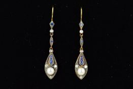 A MODERN PAIR OF DIAMOND, SAPPHIRE AND CULTURED FRESH WATER PEARL DROP EARRINGS, hook wire fittings,
