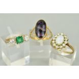 THREE GEMSTONE SET RINGS to include a 9ct gold Blue John oval cabochon, rub over set, ring size N,
