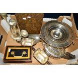 A BOX OF METALWARES, including a cased set of fish eaters, tea wares, silver plated comport, tin