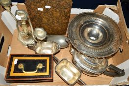 A BOX OF METALWARES, including a cased set of fish eaters, tea wares, silver plated comport, tin