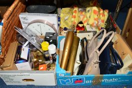 THREE BOXES AND LOOSE SUNDRY ITEMS, to include handbags, brassware, baby hooded towels, cds, photo