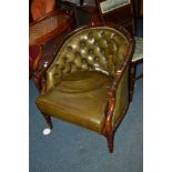 A 20TH CENTURY BAMBOO STYLE FRAMED GREEN LEATHER BUTTONED TUB CHAIR (sd to leather)