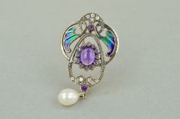 A PLIQUE-A-JOUR ENAMEL AND GEM BROOCH/PENDANT, of an openwork scrolling design, the central oval