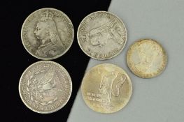 FIVE COINS, to include two widow head Victoria coins for 1889 and 1890, a one dollar for 1921, a