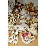 ELEVEN NOVELTY CARDEN/ROYAL ALBERT 'OLD COUNTRY ROSES' TEAPOTS, together with six trinkets (one