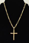 A LATE 20TH CENTURY 9CT GOLD CUBIC ZIRCONIA GOLD CROSS AND CHAIN, the cross has a textured finish,