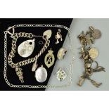 A SELECTION OF SILVER AND WHITE METAL JEWELLERY, to include two charm bracelets, an oval locket, a