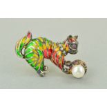 A GEM AND PLIQUE-A-JOUR CAT BROOCH with green, yellow and red plique-a--jour enamel body, ruby