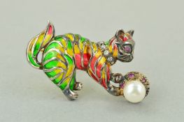 A GEM AND PLIQUE-A-JOUR CAT BROOCH with green, yellow and red plique-a--jour enamel body, ruby