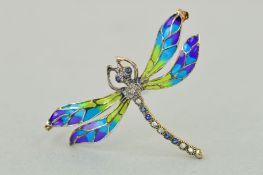 AN PLIQUE-A-JOUR ENAMEL AND GEM DRAGONFLY BROOCH/PENDANT, designed with graduated purple, blue and