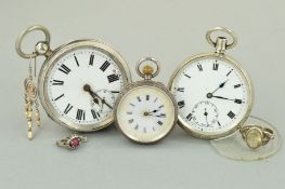 THREE POCKET WATCHES AND THREE ITEMS OF JEWELLERY, all pocket watches with white dials and Roman