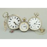 THREE POCKET WATCHES AND THREE ITEMS OF JEWELLERY, all pocket watches with white dials and Roman