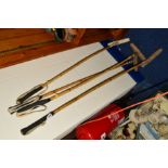 FOUR POLO MALLETS, with J. Salter & Son Aldershot, made in England to bamboo handles, heads with