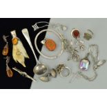 A SELECTION OF SILVER AND WHITE METAL JEWELLERY, to include a pair of marcasite and modified amber