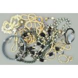 A SELECTION OF GEM AND COSTUME JEWELLERY, to include a Monet blue imitation pearl chocker, an