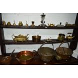 A QUANTITY OF BRASS AND COPPER MISCELLANEOUS to include three jam pans, copper pan with lid, etc (