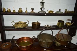 A QUANTITY OF BRASS AND COPPER MISCELLANEOUS to include three jam pans, copper pan with lid, etc (