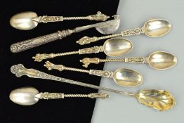 A SELECTION OF SILVERWARE to include a set of six Continental teaspoons, with twist detail and