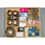 A BOX OF MAINLY COSTUME JEWELLERY to include an EPNS bon bon basket design dish with handle, a