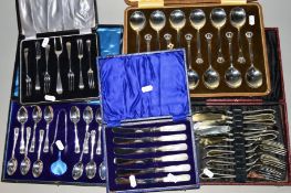 FIVE CASES OF ASSORTED PLATED CUTLERY AND FLATWARE, including cake forks, fish eaters, fruit spoons,