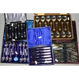 FIVE CASES OF ASSORTED PLATED CUTLERY AND FLATWARE, including cake forks, fish eaters, fruit spoons,