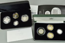 TWO ROYAL MINT PIEDFORT SETS PROOF SILVER COINS, a 2005 four coin set and a 2008 four coin set, in