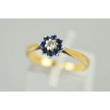 A SAPPHIRE AND DIAMOND CLUSTER, the central brilliant cut diamond within a sapphire surround,