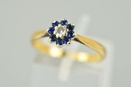 A SAPPHIRE AND DIAMOND CLUSTER, the central brilliant cut diamond within a sapphire surround,