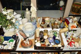 SIX BOXES AND LOOSE SUNDRY ITEMS to include a box of decorative ornaments, Studio Pottery