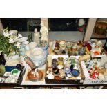 SIX BOXES AND LOOSE SUNDRY ITEMS to include a box of decorative ornaments, Studio Pottery